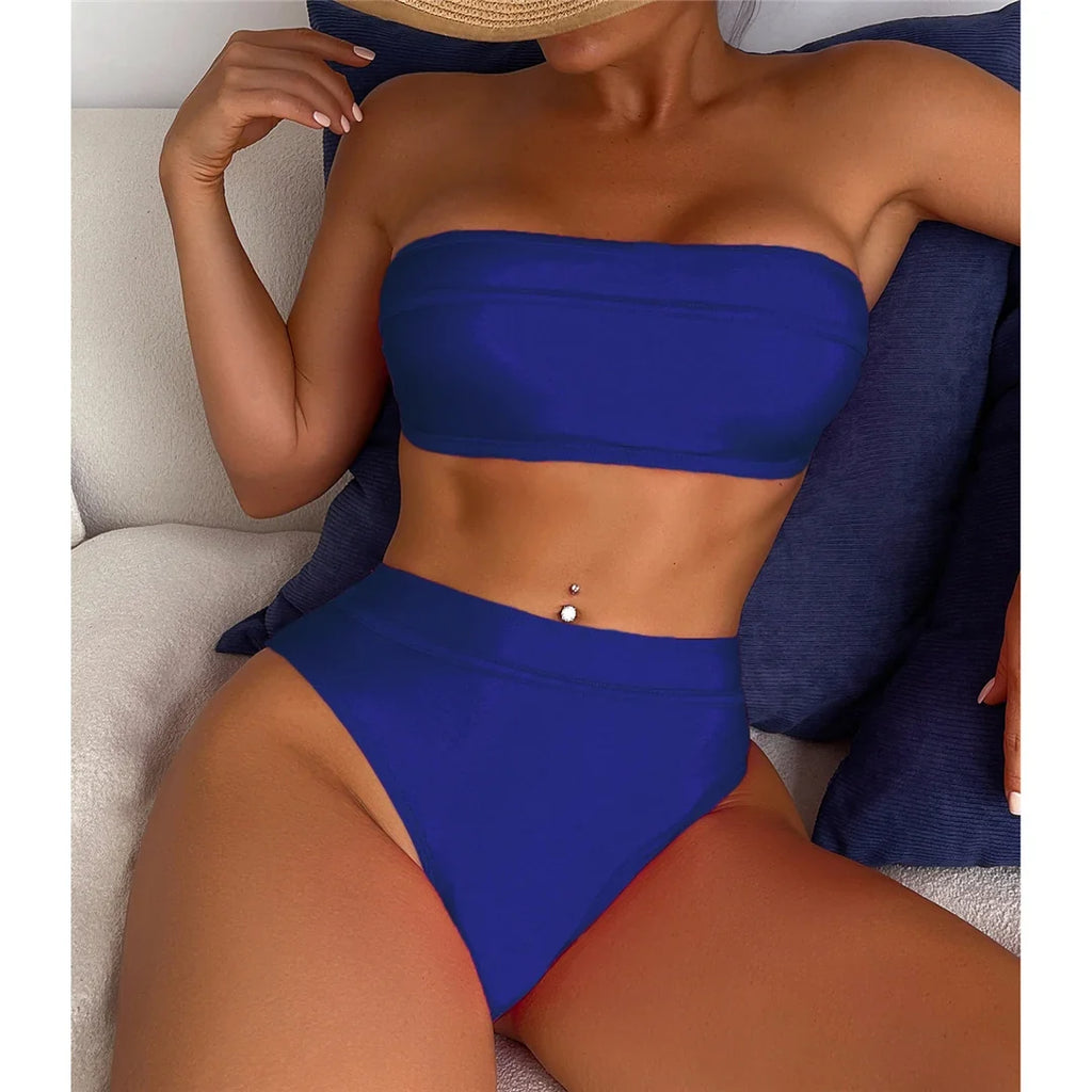 Sexy Bandeau High Leg Cut Female Swimsuit High Waist Bikini Women Swimwear Two-Pieces Bikini Set Bather Bathing Suit Swim V5444