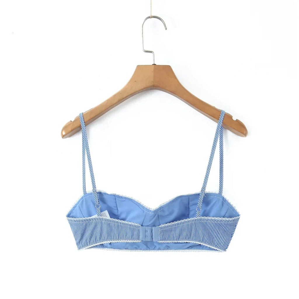 Striped Bra For Women Straps Lace Trim Sweetheart Neckline Lightly Padded Cups Cotton Fabric For Stylish Style Girl Elegant 4UU5