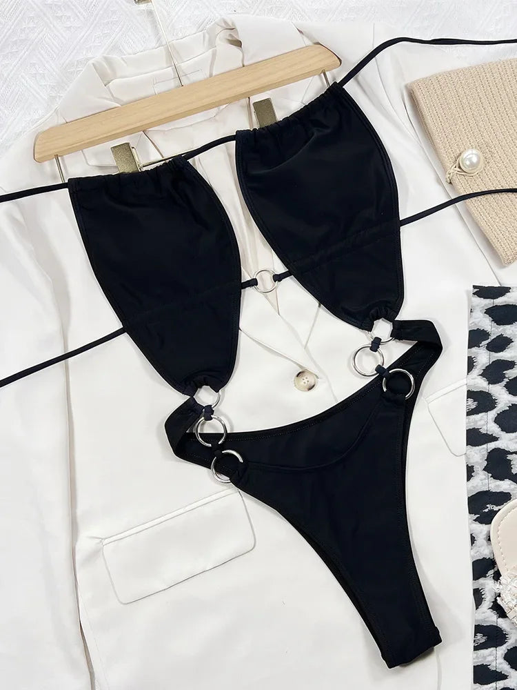 Halter Metal Rings Hollow Out Female Swimwear One Piece Swimsuit Women High Cut Monokini Backless Bathing Suit Swim Beachwear
