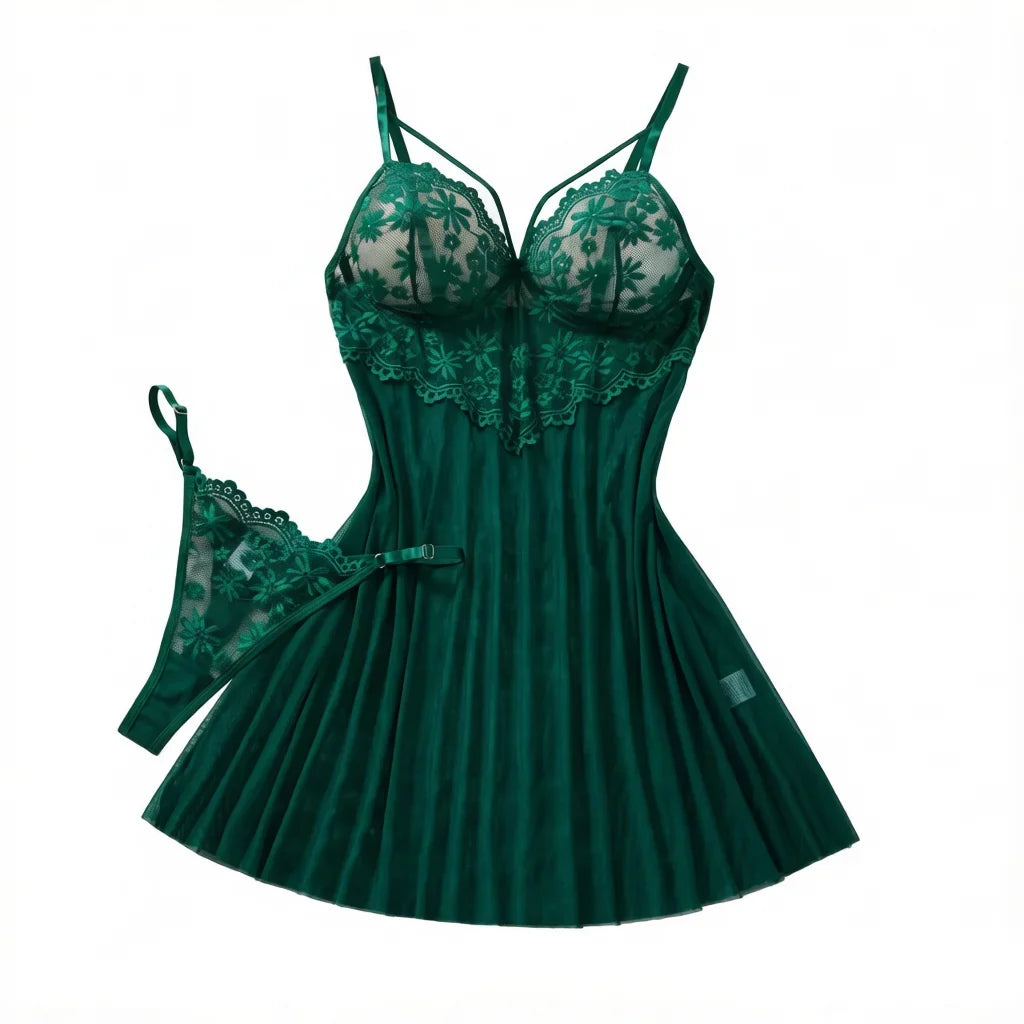 Green Daisy Floral Lace Sheer Mesh Babydoll Lingerie Set Slip Nightdress With Matching Thong Women Sexy Sleepwear ZA825096