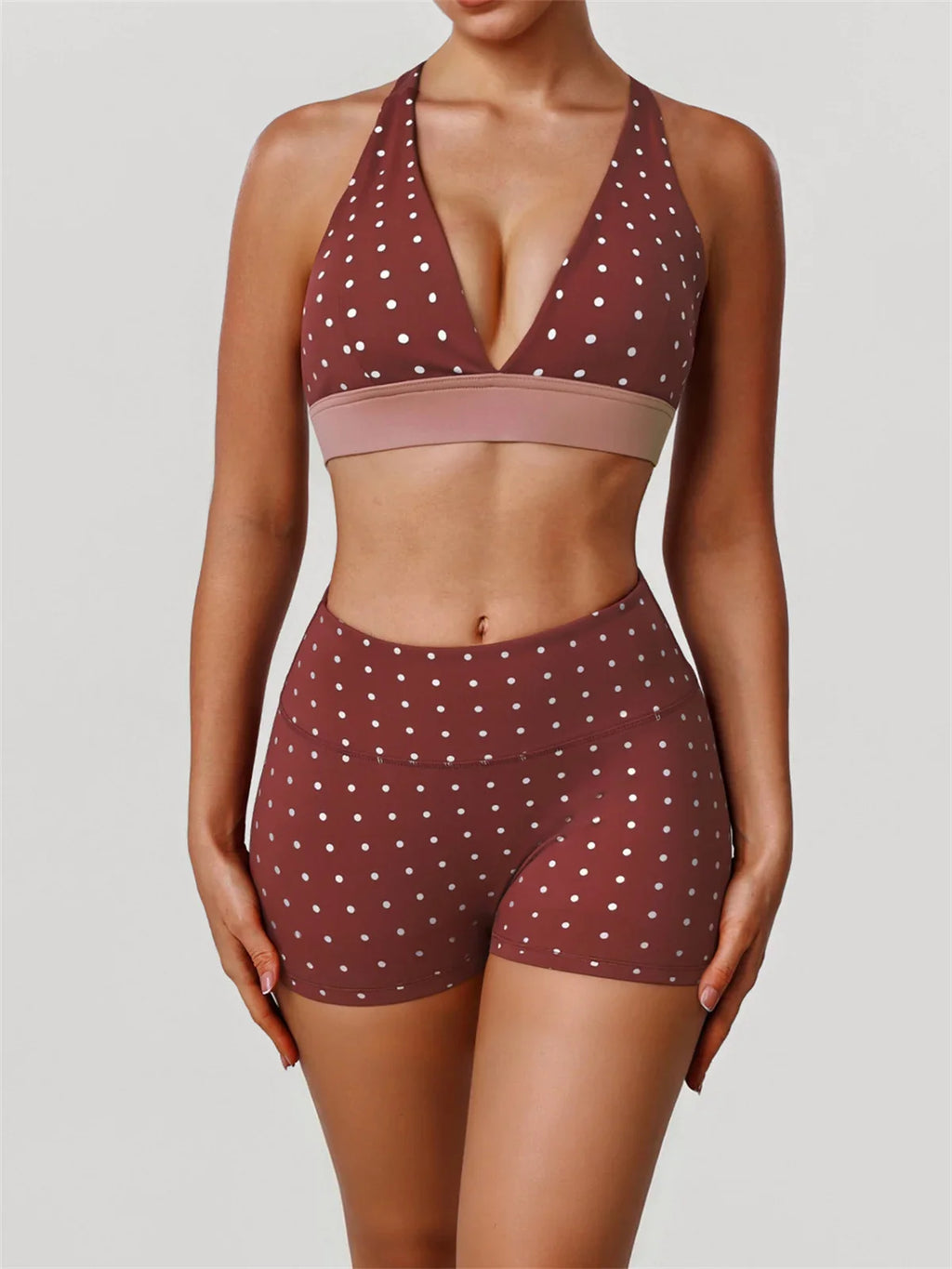 Summer Red Polka Dot Print Yoga Sets Women V Neck Shockproof Sports Bra High Elasticity Hip Lifting Shorts Running Fitness Suits