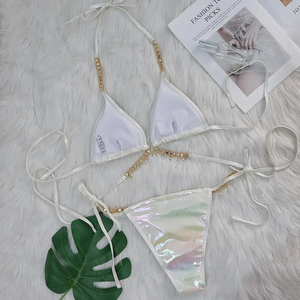 DEKA Shiny Diamond Chain Bikinis Set Mujer Two Pieces Crystal diamond Swimsuit Women Thong Swimwear Sexy Halter Swimsuit