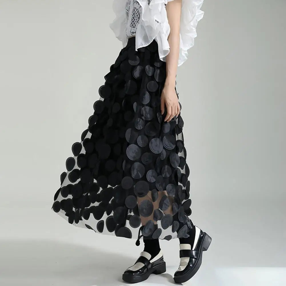 Women Summer Maxi Skirt Retro A-Line Large Hem Skirt Solid Color 3D Dot Decor High Waist Long Skirt