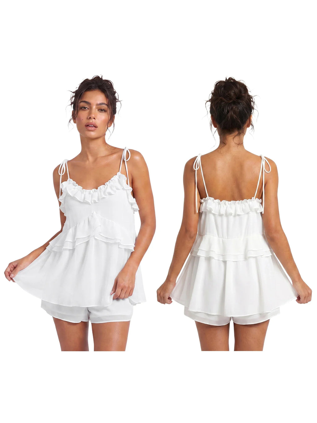 Women's Summer Solid Color Romper Dress Sleeveless Tie Spaghetti Strap Ruffle Jumpsuit Shorts Playsuit