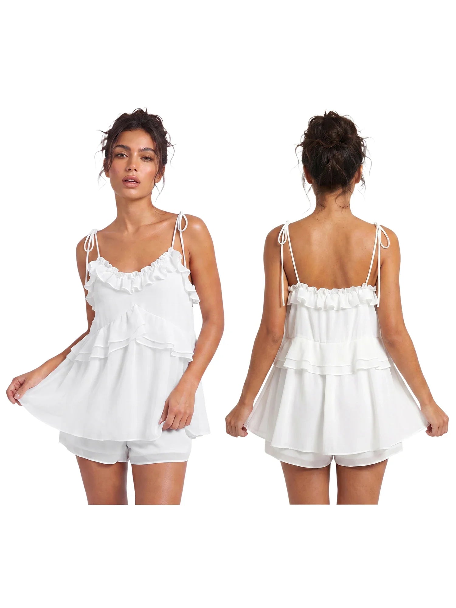 Women's Summer Solid Color Romper Dress Sleeveless Tie Spaghetti Strap Ruffle Jumpsuit Shorts Playsuit