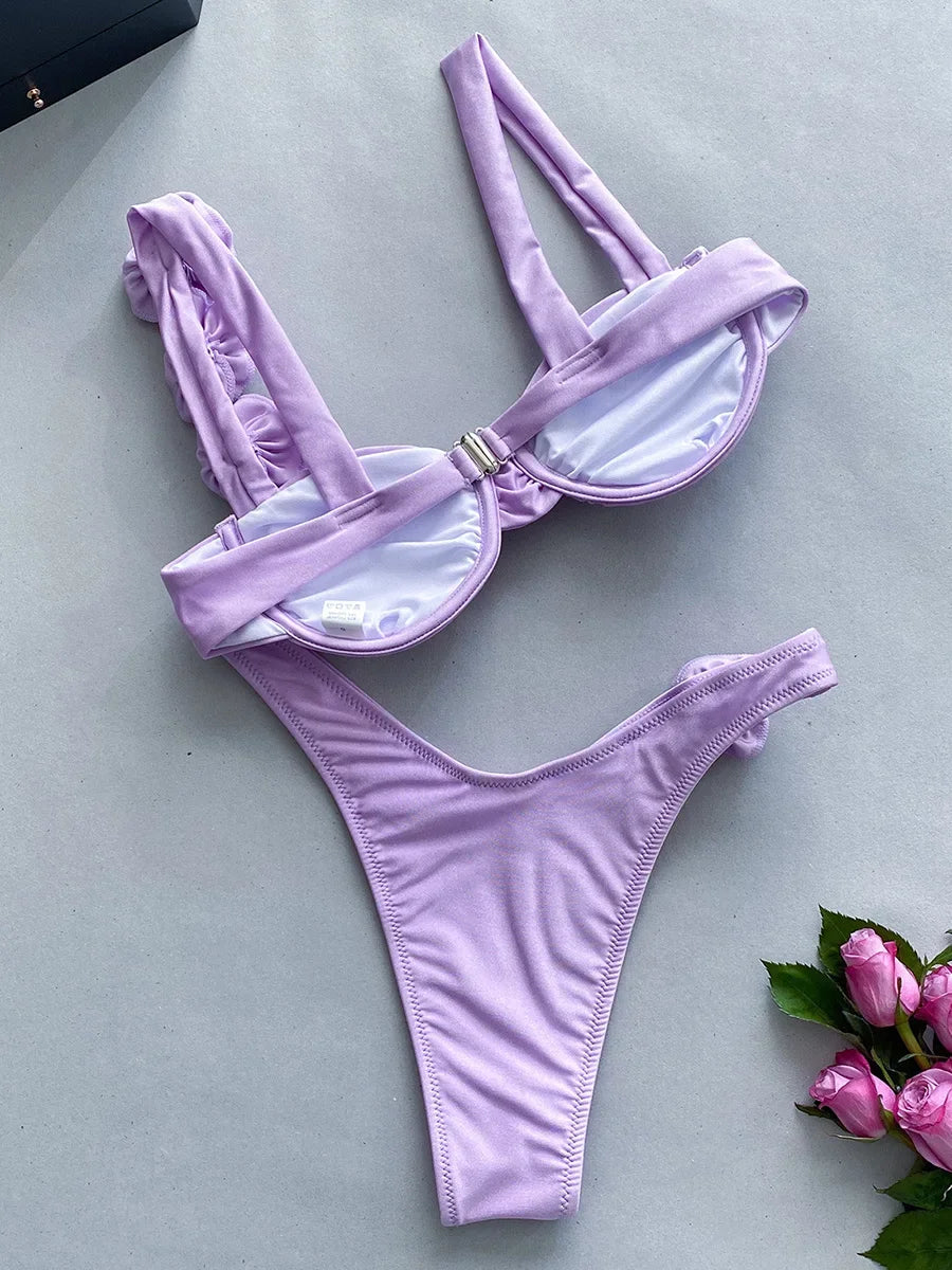 3D Flowers Underwired Brazilian Bikini Women Thong Swimwear Female Swimsuit Two-pieces Bikini Set Push Up Bathing Suit Swim