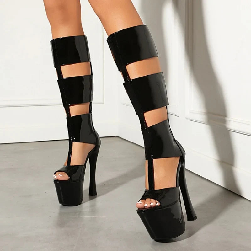 Summer Women Platform Tall Gladiator Sandals Knee High Cut Out Thin Heeled Rome Sexy Nightcllub Pole Dance Shoes 43