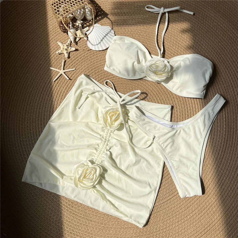 Sexy Black 3D Flower Bandeau Swimwear Skirts Cover Ups Thong 3 Piece Bikini Set 2026 Women Swimsuits Beachwear Bathers Bikinis