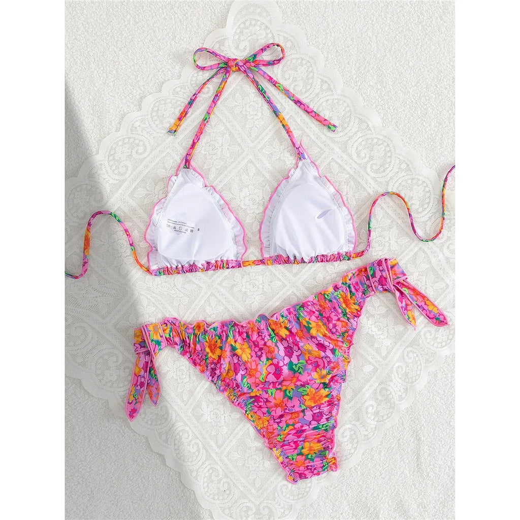 S - XL Floral Flower Printed Halter Bikini Women Swimwear Female Swimsuit Bather Bathing Suit Swim Two-pieces Bikini set K8104