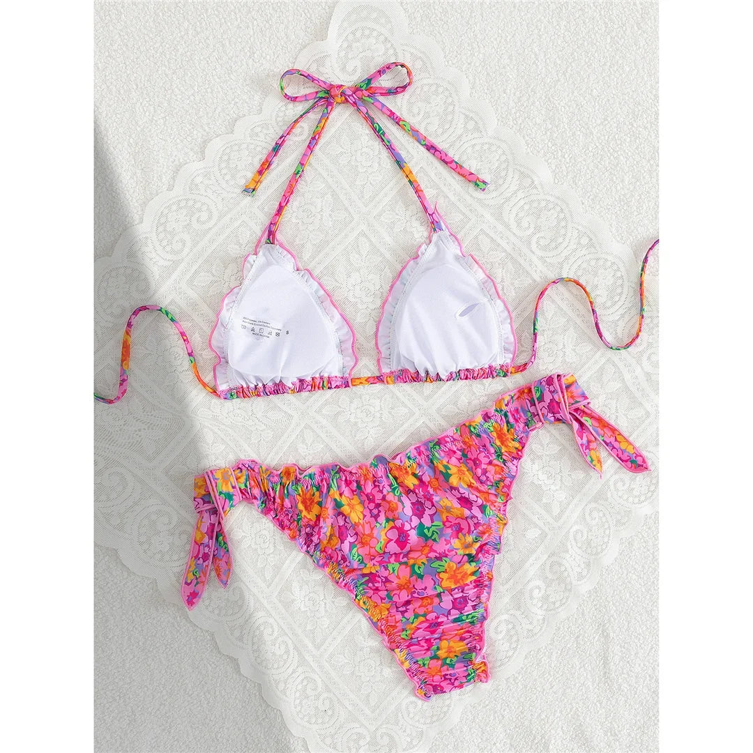 S - XL Floral Flower Printed Halter Bikini Women Swimwear Female Swimsuit Bather Bathing Suit Swim Two-pieces Bikini set K8104