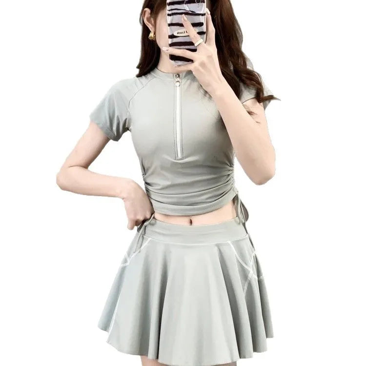 Split Sports Swimsuit, Women's Flat Corner Skirt Style Two-piece T-shirt, Girls' Student Sun Protection Swimming Suit