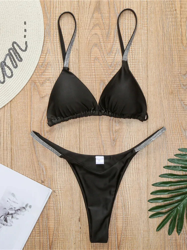 Diamond Swimwear Women 2025 Sexy Pink Micro Bikini Brazilian Black Rhinestone Thong Swimsuits Beach Push Up Bathing Suit Biquini