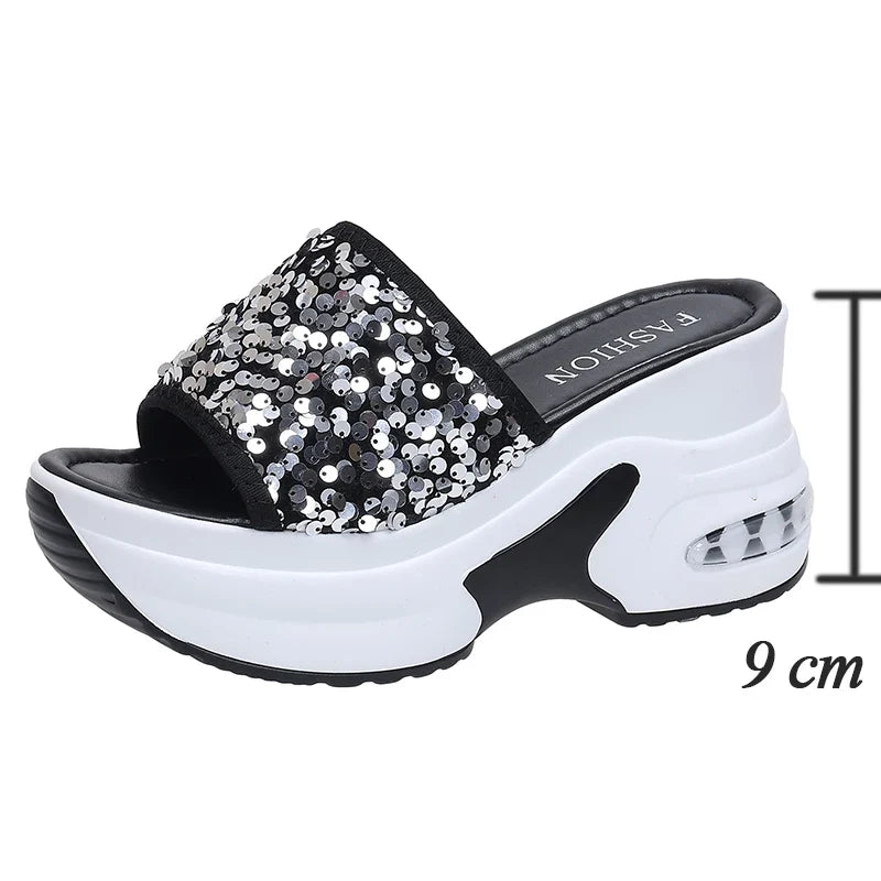 Wedge Heel Silver Sequin Sandals Women 2026 Fashion 9Cm Chunky Heeled Slippers Woman Plus Size 42 Thick Sole Platform Sandles
