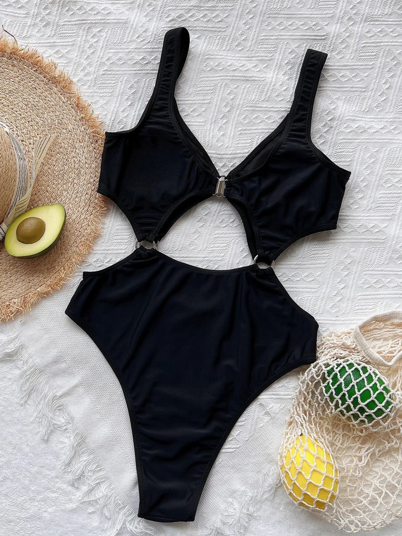 2026 New Sexy Black One Piece Swimsuit Swimwear Women Hollow High Waist Bathing Suit Beachwear Metal Hoops Decor Banadores Mujer