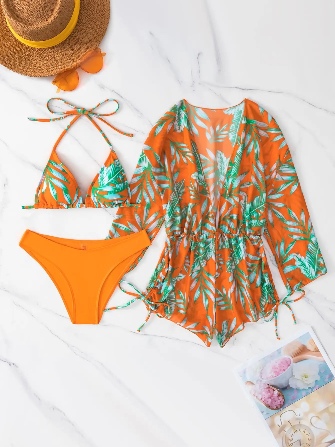 3 Pieces Bikini Tropical Print Swimsuit Halter Drawstring Side Swimwear Women 2026 Bathing Suit Female Swimming Summer Beachwear