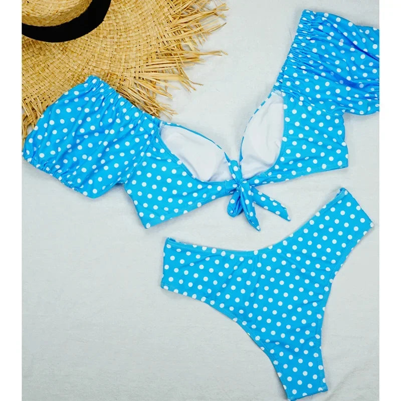 Sexy V Neck Short Sleeve Bikinis Polka Dot Bikini Female Swimsuit Women Swimwear Two-pieces Bikini Set Bather Bathing Suit Swim