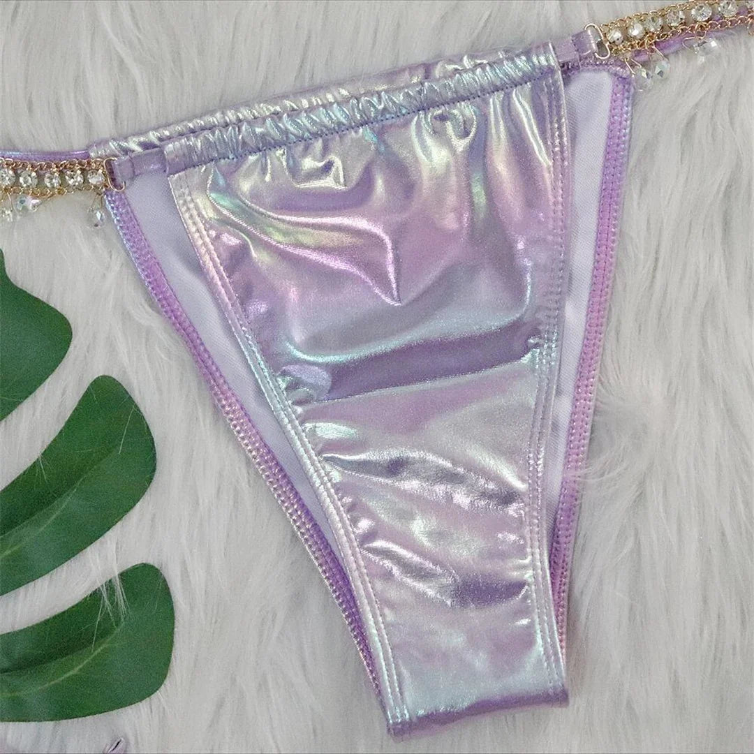Diamond Rhinestones PU Faux Leather Bikini Female Swimsuit Women Swimwear Two-pieces Bikini Set Bather Bathing Suit Swim V5131