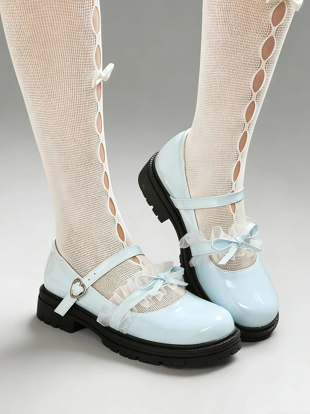2026 Plus size 47 Sweet Blue Lace Ruffles Mary Janes Shoes Women Gothic Black Bow Knot Cute Lolita Cosplay Flats Casual Shoes