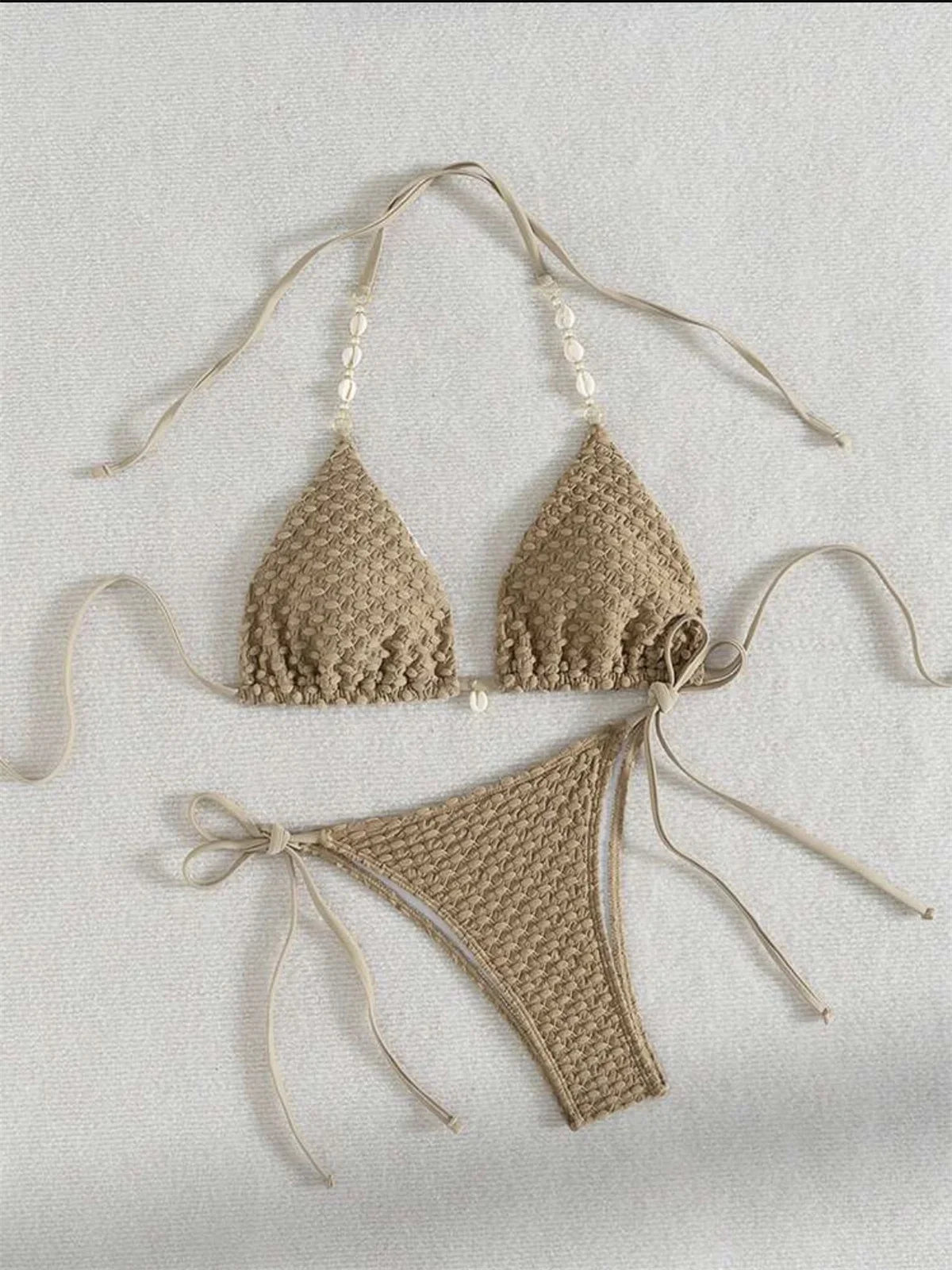 Sexy White Shell String Bikini 2026 Women Luxury Push Up Bra Tie Side Thong Swimsuit Brazilian Beach Bathing Suit Micro Swimwear