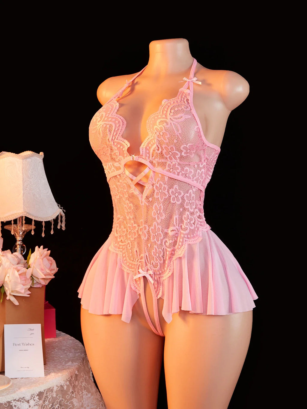 Adult Erotic Bodysuit Lace Hanging Collar Deep V-neck Semi Transparent Women Sexy Lingerie Crotchless Hot Underwear