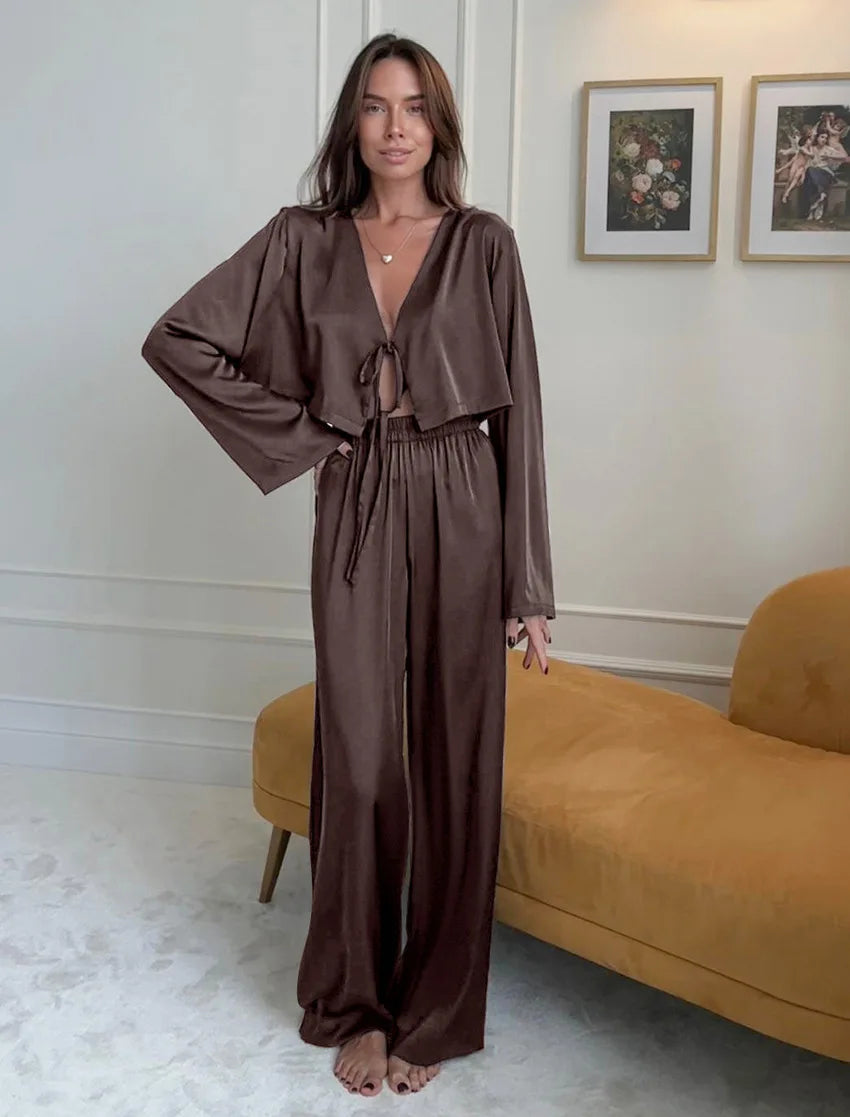 2026 New Women's Home Clothes Open Cardigan Belted Sleepwear Loose Long Sleeve Long Pant Smooth Comfort Spring Street Style