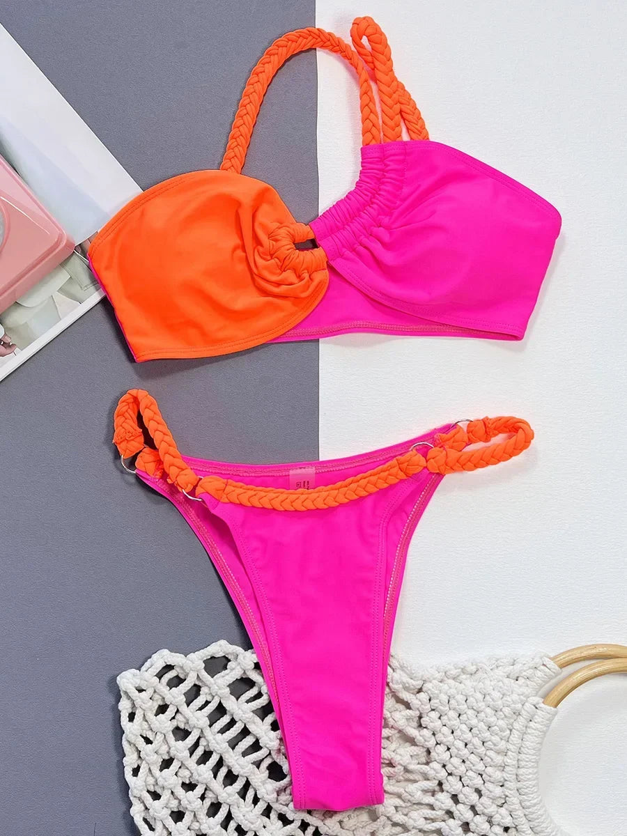 Splicing Asymmetric One Shoulder Bikini Female Swimsuit Women Bandeau Swimwear Two-pieces Bikini Set Bather Bathing Suit Swim
