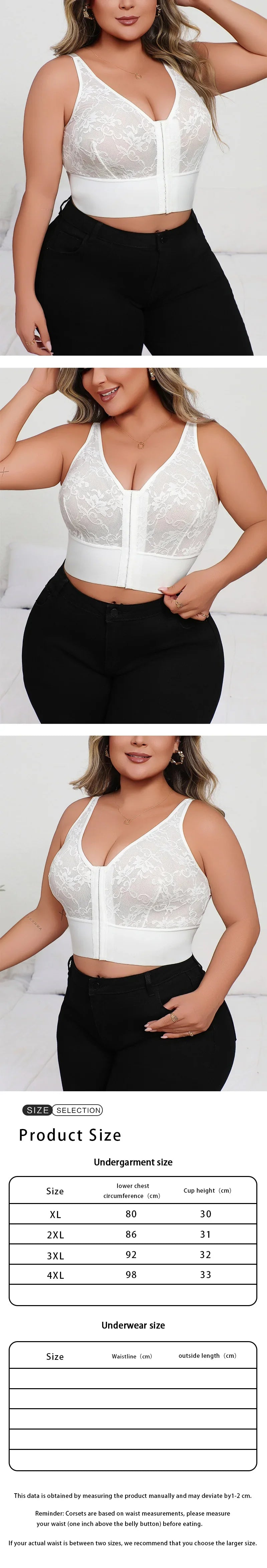 Plus Size Deep V Lace Lingerie, Sheer Plunge Bra with Front Zip, Open Back & Shaping Support