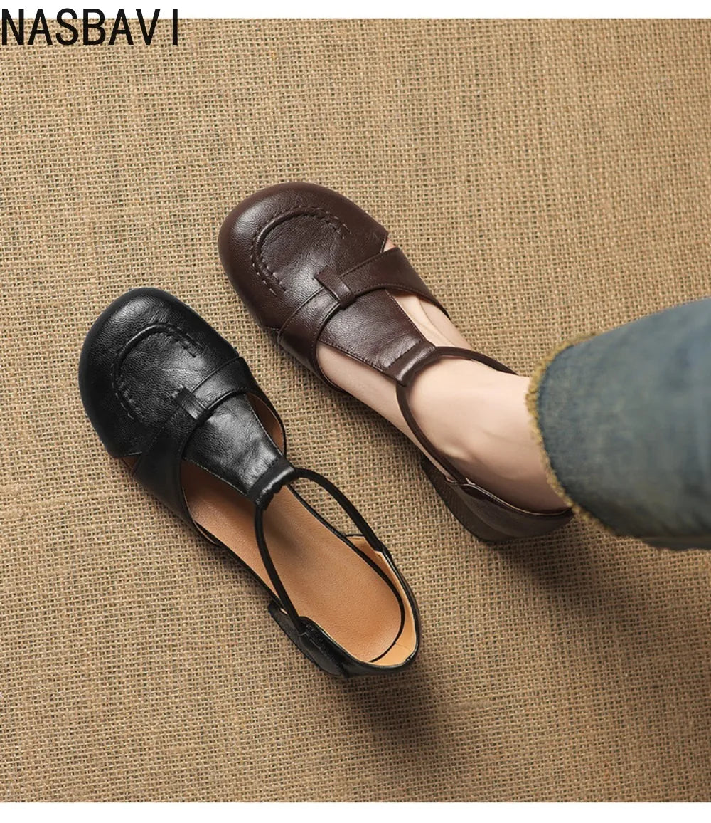French Slip-on Single Shoes Retro British Shoes for Women Brown T-Strap Shallow Flat Sandals Soft Leather Rome  Summer New 32-43