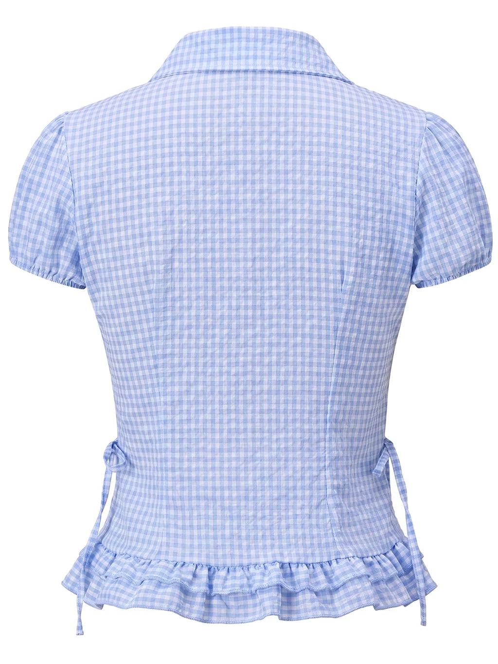 Women Plaid Shirts Button Down Puff Short Sleeve Lapel Neck Tops Fashion Slim Fit Ruffle Trim Blouses Summer