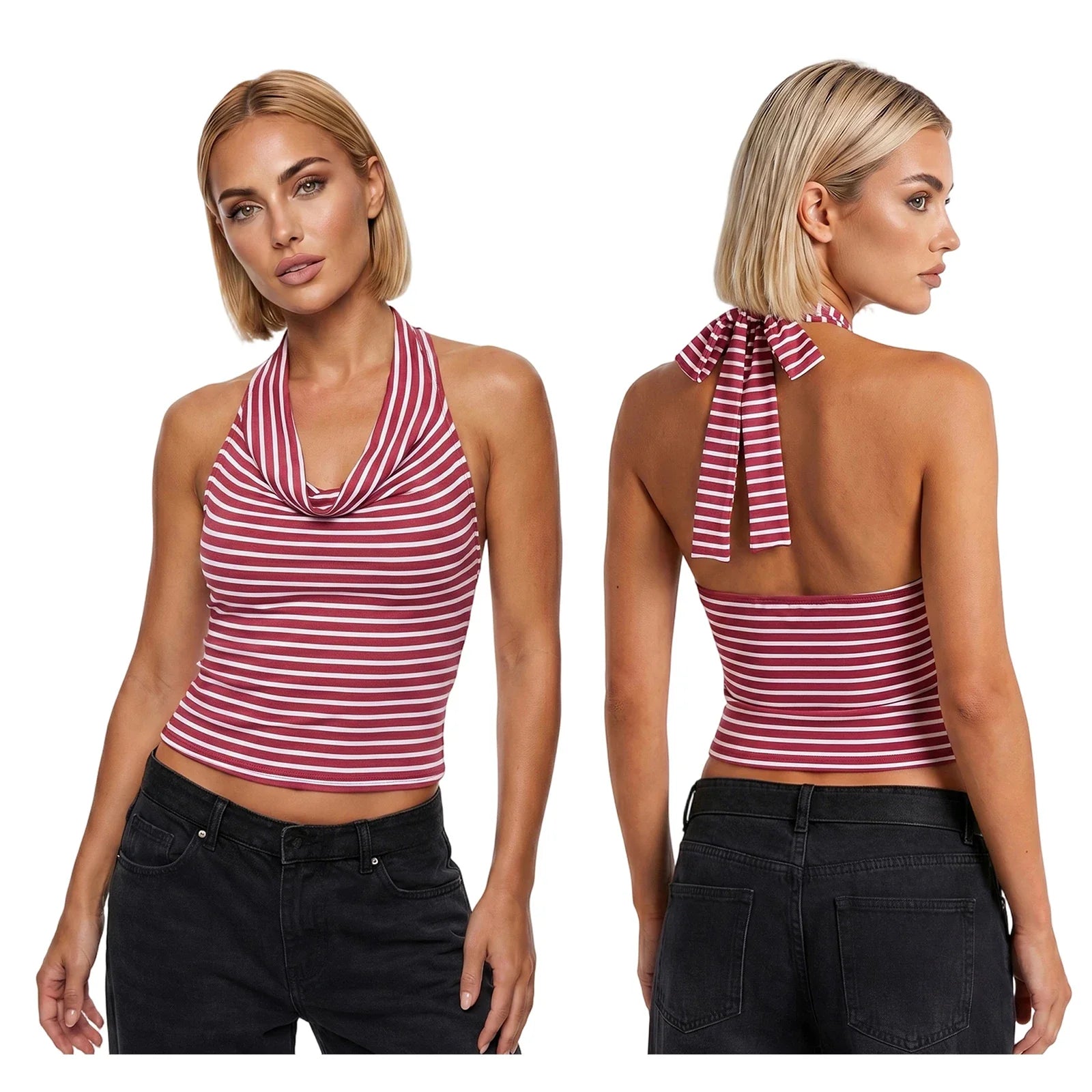 Women Striped Low Cut Tank Tops Slim Fit Cowl Neck Open Back Sleeveless Halter Crop Shirts Trendy Summer Streetwear