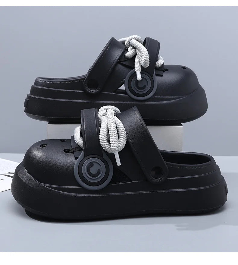 Women Summer Sandals Lace-up Style 2 Way to Wear Couples Fashion Platform Clogs Soft EVA Thick Sole Men Beach Street Slippers