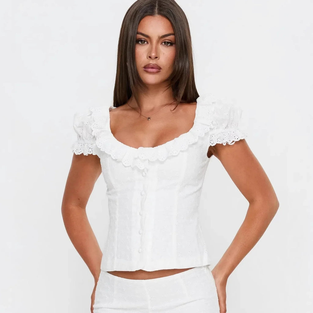 Sweet Lace Doll Collar Puff Sleeve Women's Shirt With Single Breasted Buttons Hollow Jacquard Slim-fit Pure Desire Elegant 6VN3