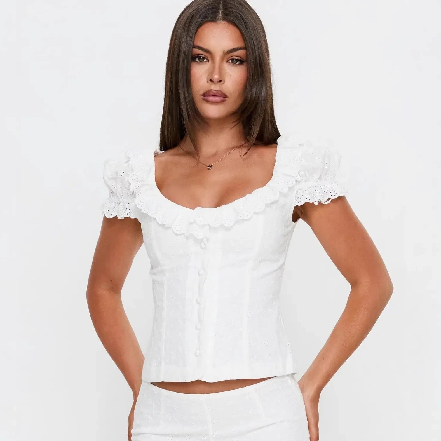 Sweet Lace Doll Collar Puff Sleeve Women's Shirt With Single Breasted Buttons Hollow Jacquard Slim-fit Pure Desire Elegant 6VN3
