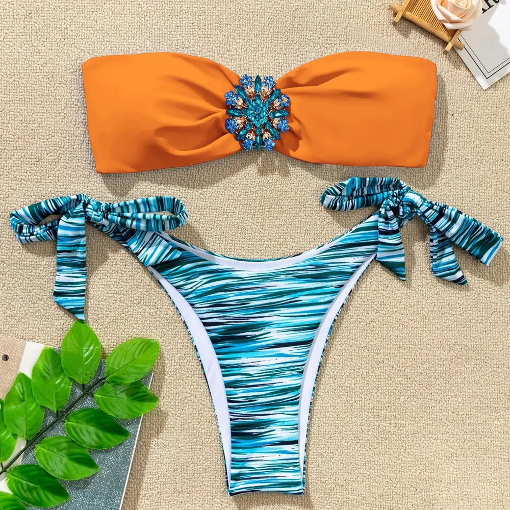 Rhinestone Flower Accessories Swimsuit Women 2026 2-piece Mini Bikini Sexy Strapless Backless Bathing Suit Summer Beach Swimwear