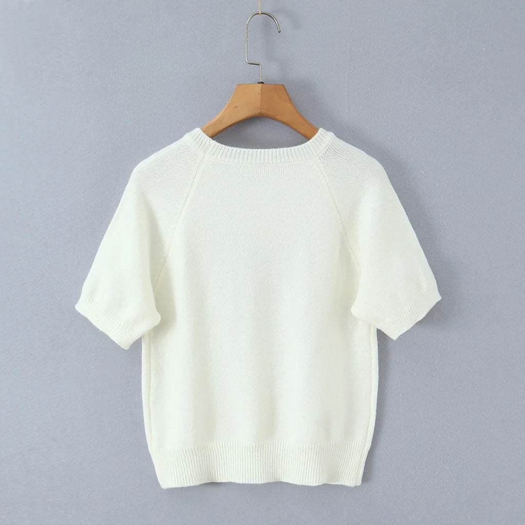 Fashion Casual Heart-patterned Short-sleeve Knit Shirt Women Heart Pattern Short Sleeve Knit Sweater Casual Crew Neck Top 7S5S