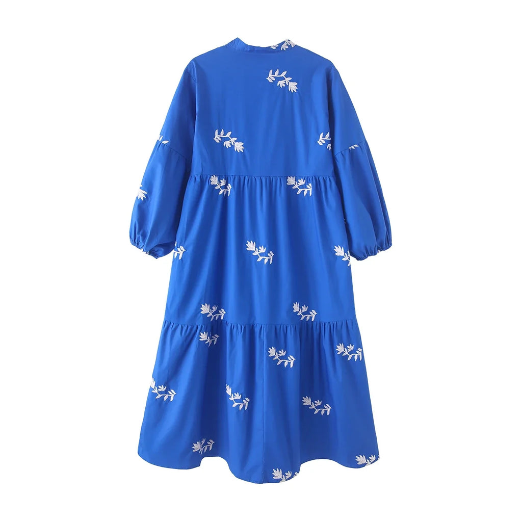 Foridol Lantern Sleeve Spring Summer Women Dress Embroidery Loose Midi Casual Vestidos 2025 Wrist Sleeve Royal Blue Sundress
