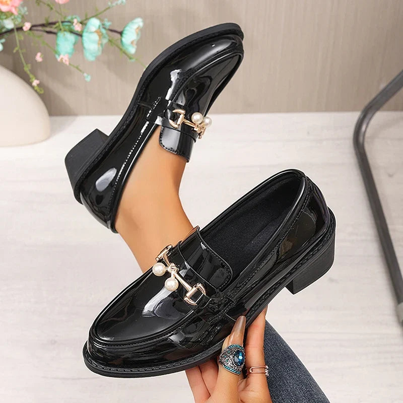 Office Ladies Patent Leather Oxford Shoes Plus Size 43 Pointed Toe Thick Heel Pumps Women British Style Slip On Student Shoes