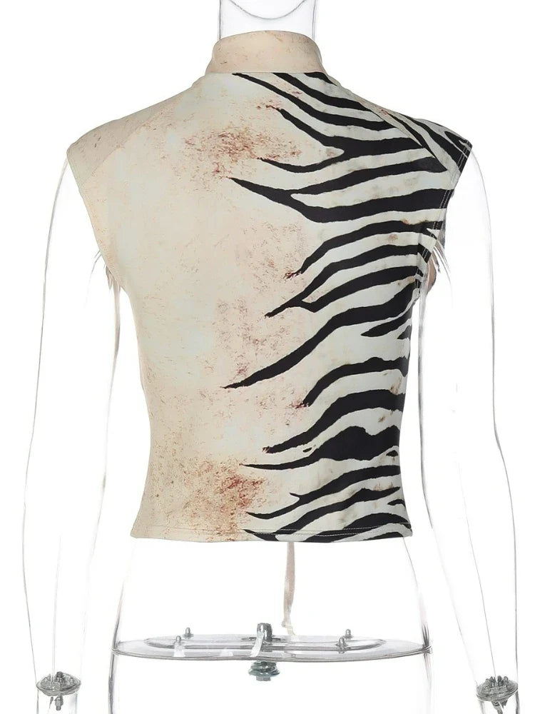 FDYOUI Sexy Zebra-stripe Print Tank Tops Women's Corset 2026 Summer Stand Collar Lace-up Sleeveless T-shirt Hollow Out Crop Top