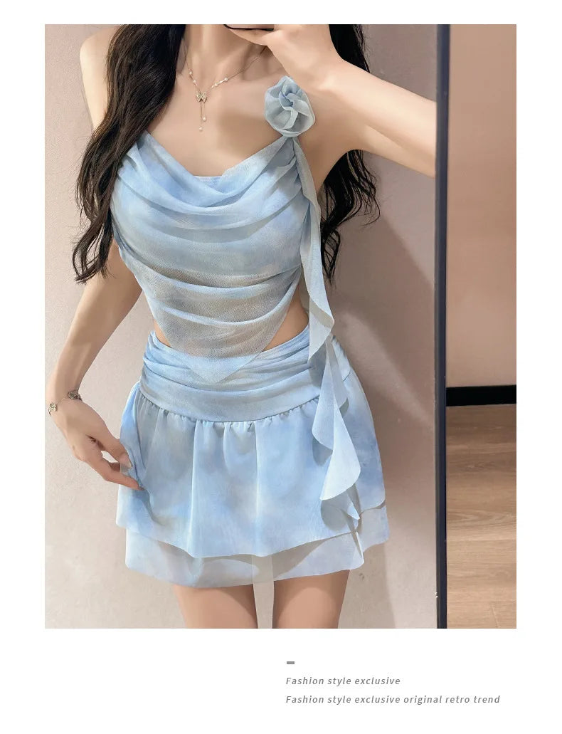 Swimsuit Women's Two-piece Fairy Style Sexy Hot Spring Skirt Style Three-dimensional Flower Ribbon Swimsuit