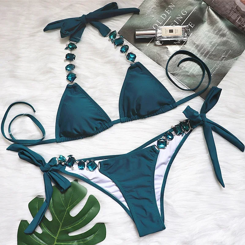 Jewelled Rhinestones Diamond Bikini Female Swimsuit Women Swimwear Two-piece Bikini Set Brazilian Bather Bathing Suit Swim Lady