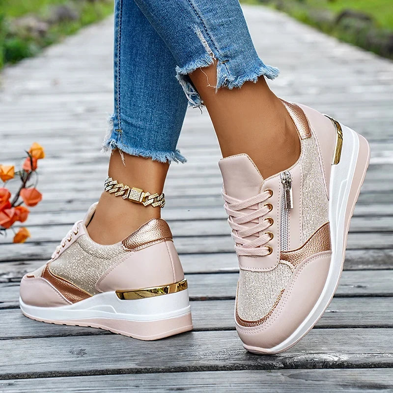 Plus Size 44 Wedges Sneakers Women Fashion Pink Gold Lace Up Platform Sports Shoes Woman Non Slip Thick Bottom Vulcanized Shoes