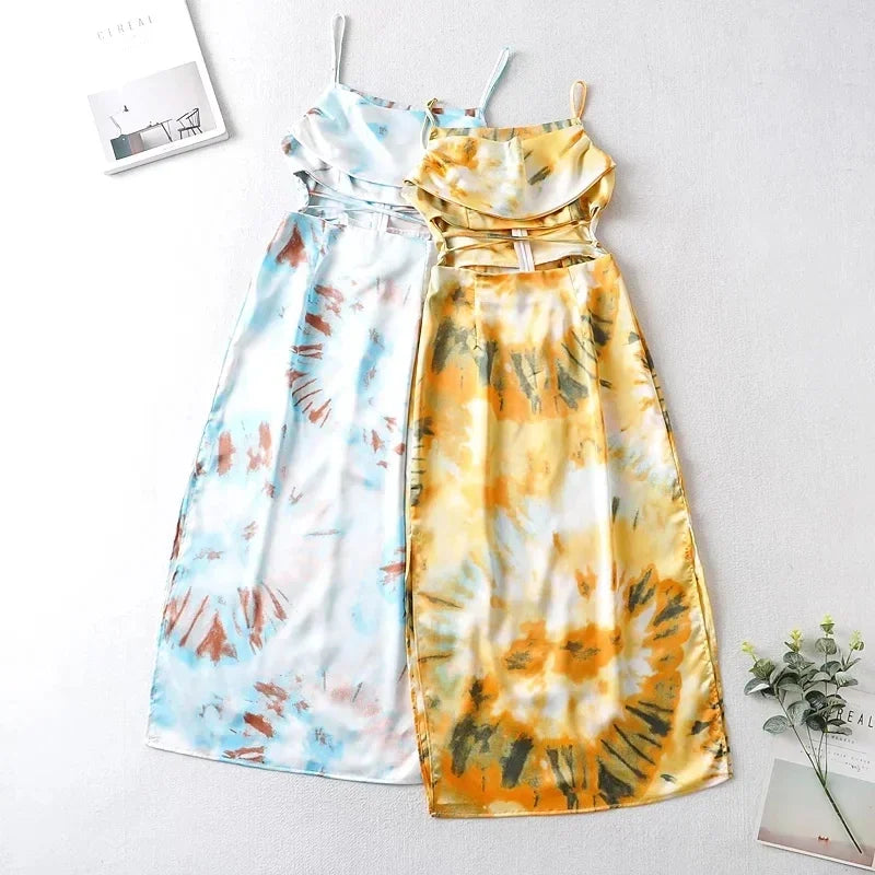Foridol Waist Cut Out Criss Cross Sexy Summer Tie-dyed Midi Dress Ladies Elegant Beach Boho Slip Long Dress Sleeveless Sundress