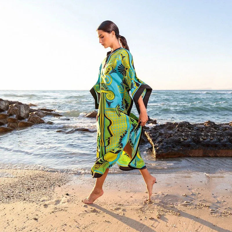 2026 Women Swimsuit Beach Cover Up dress Sleeve Kaftan Beach Tunic Long Pareos Bikinis Cover ups Summer Robe Plage Beachwear
