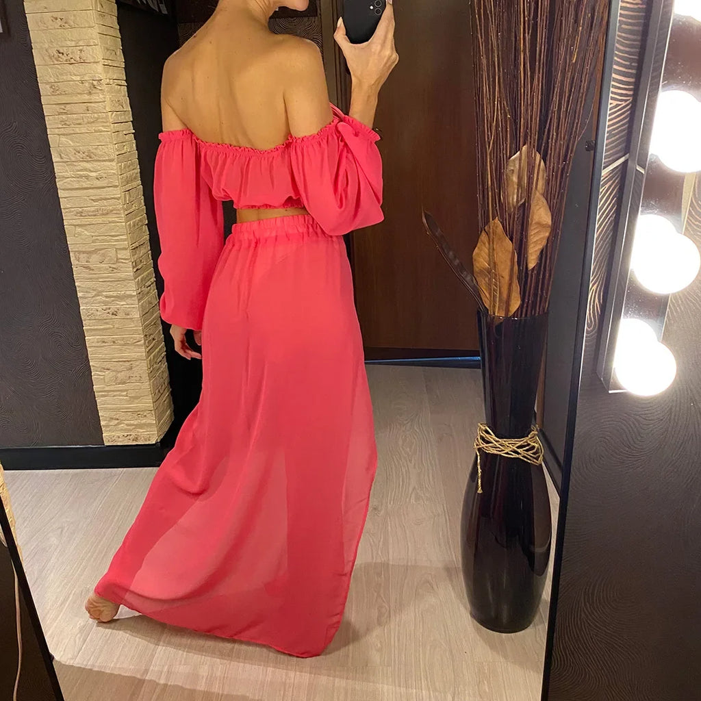 2026 Leopard Off Shoulder Long Sleeve 2 Pieces Set Beach Cover Up Cover-ups Beach Dress Beach Wear Beachwear Female Women V3728