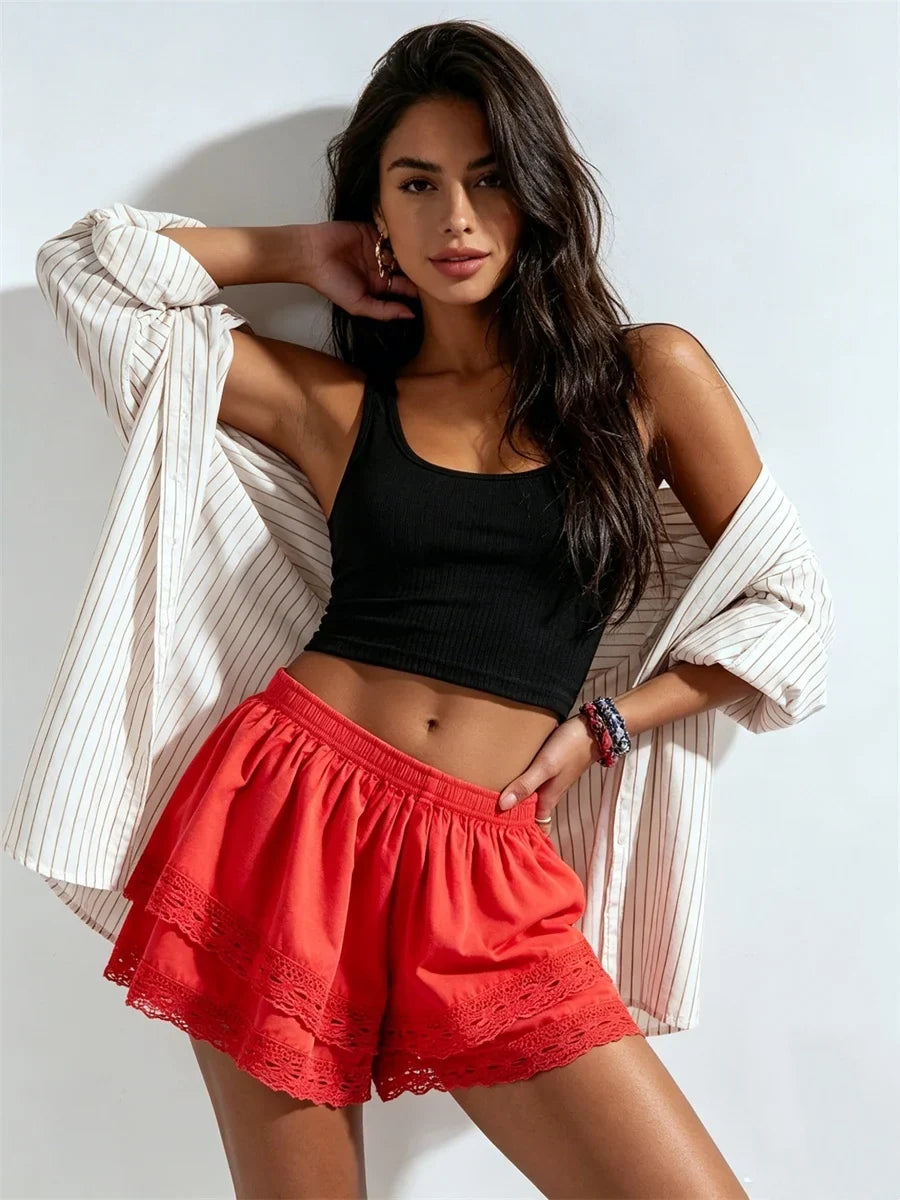 Women’s Layered Lace Shorts Elastic Waist Wide Leg Short Pants Summer Lolita Casual Loose Lounge Bloomers Streetwear
