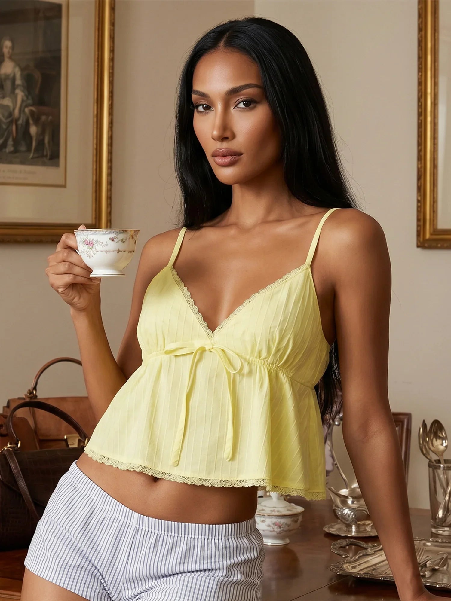 Womens Solid Color Sleep Tank Tops Spaghetti Strap Stylish Lace Trim Striped Front Bow Backless V Neck Sleep Camisoles
