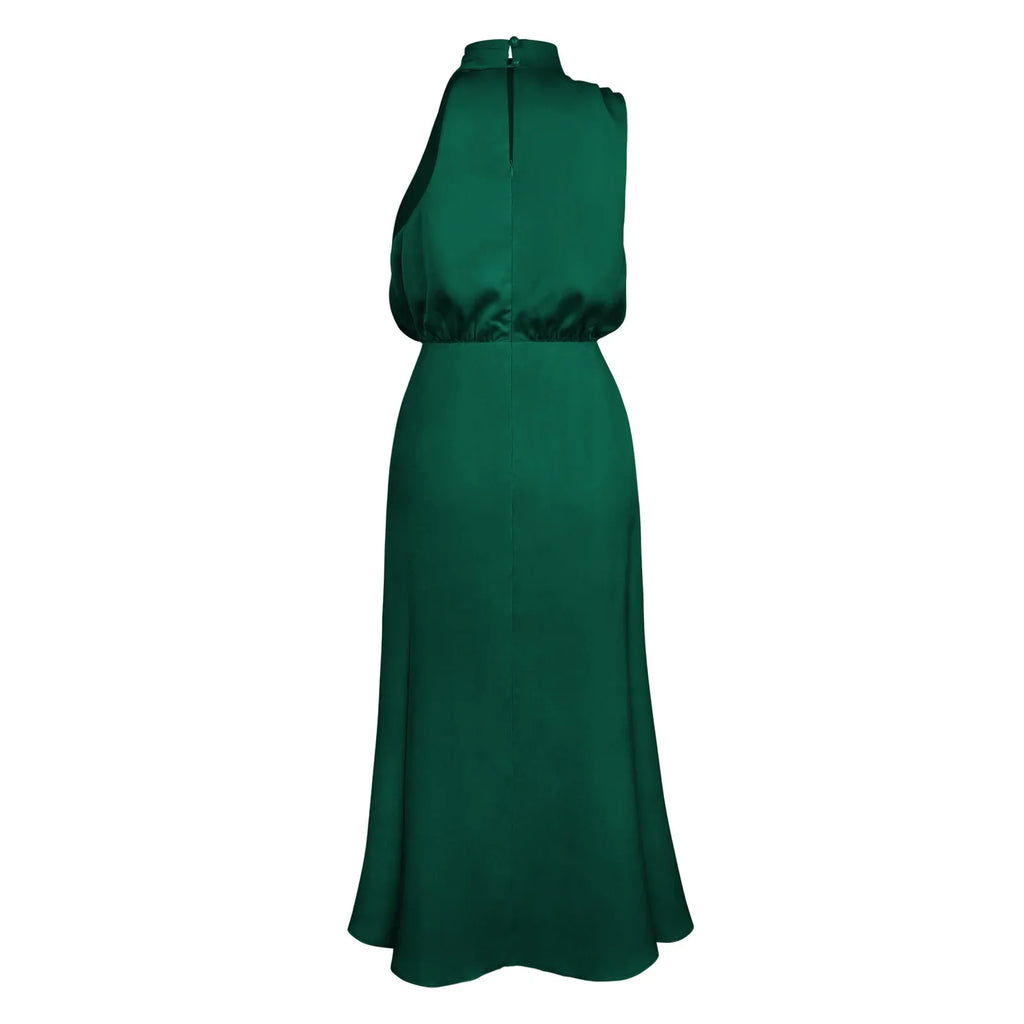 Foridol One Shoulder Turtleneck Tank Satin Women Party Dress Robe Zip Sleeveless Elegant Vintage Folds Women Clothing 2025