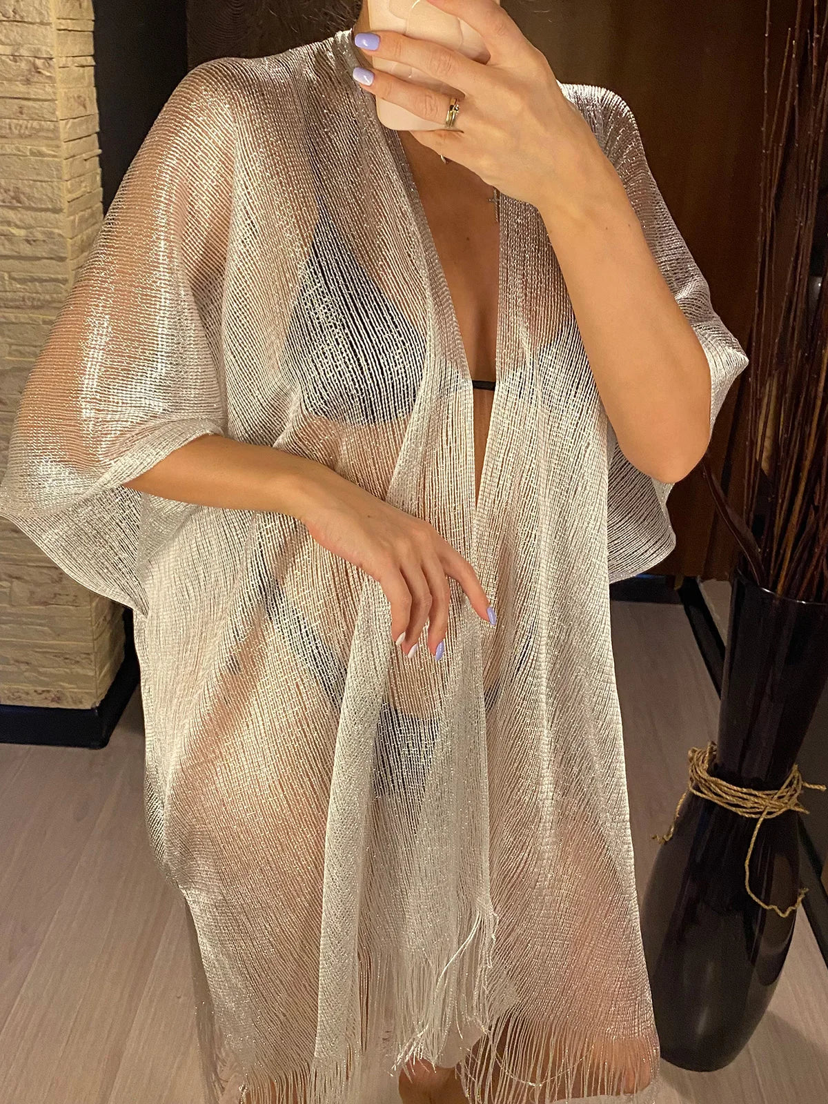 Sexy Fringe Tassel Mesh Sheer Shiny Knitted Tunic Beach Cover Up Cover-ups Beach Dress Beach Wear Beachwear Female Women V3321