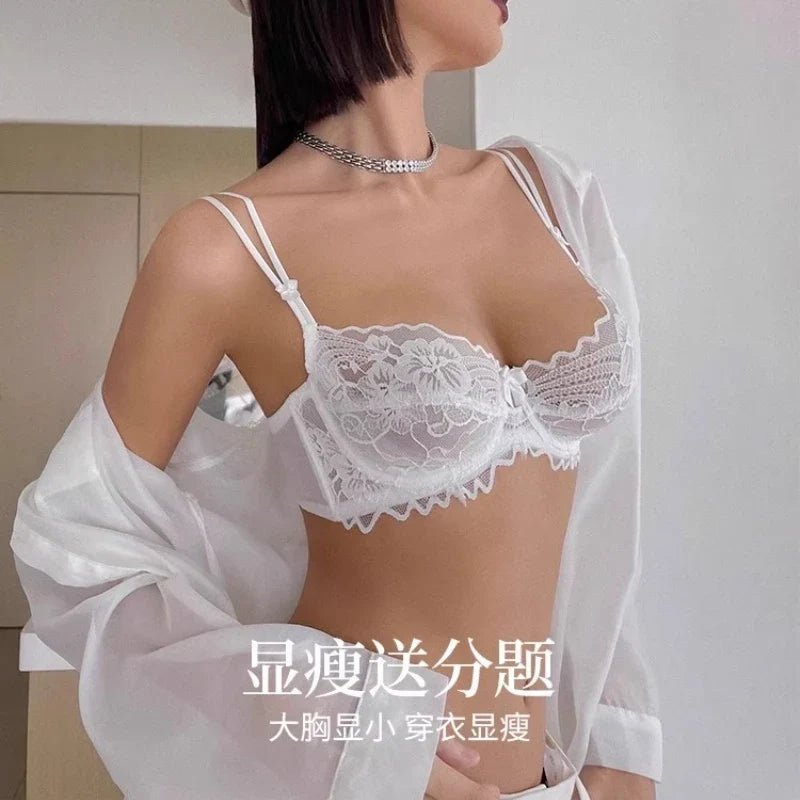 French Anime Style Lingerie Set Ultra Thin White Lace Bra Small Breasts Push Up Traceless Bralette Pure Desire Gathering Sexy BB