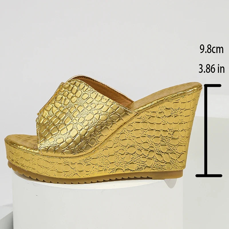 Women's Gold Wedges Sandals Summer 2026 Fashion Peep Toe Thick Platform Sandles Women Plus Size 42 Chunky Heels Slippers Woman